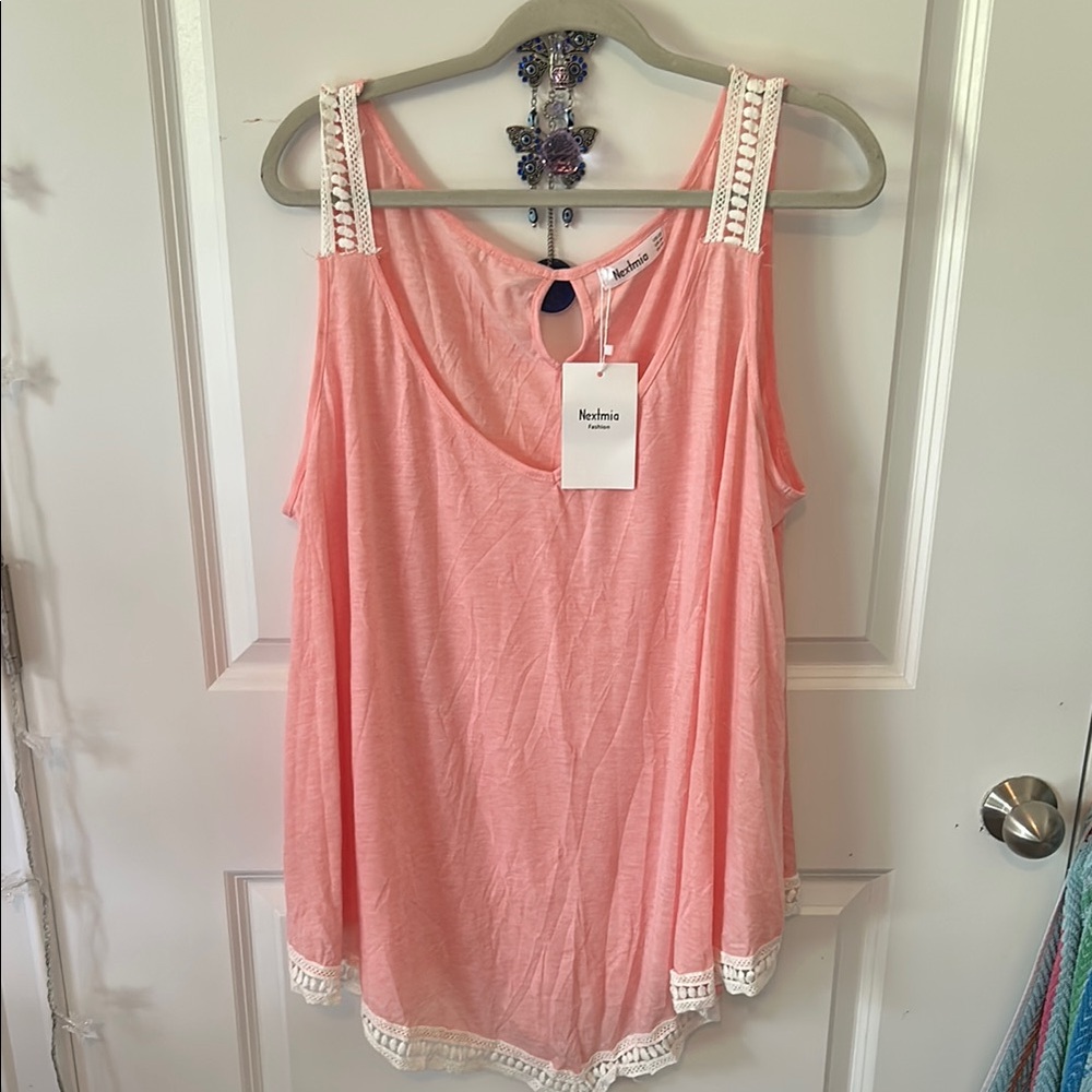 Pink Sleeveless Top with Lace Trim